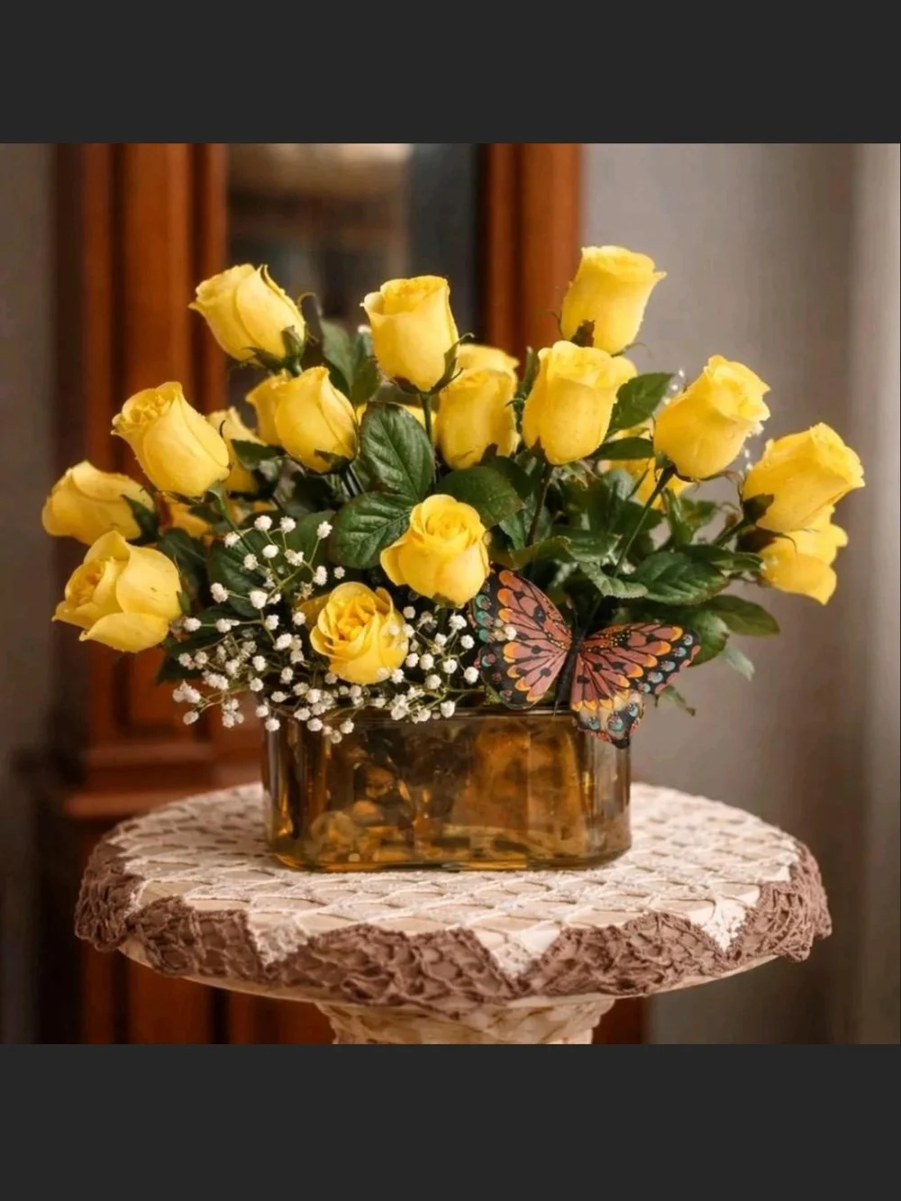 Yellow Rose Floral Arrangement in Lightweight Brass Or Gold Vase